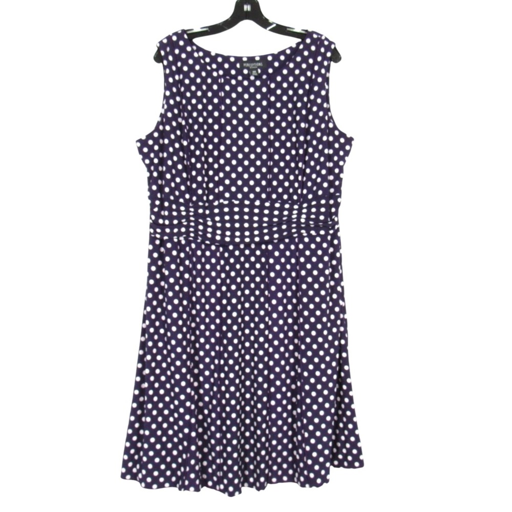PERCEPTIONS Purple/White Polka Dots POLY-KNIT Pleated Waist FIT &FLARE DRESS 18W